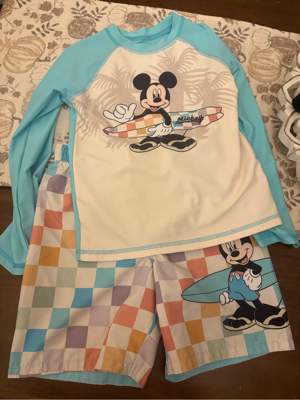 Disney Mickey Mouse Surf Rash Guard Set - Light Blue & Cream